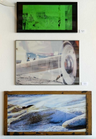 Top: “Haffey in Green”, triple exposed cross processed slide film, archival print under museum glass; Middle: “Paddle Race”, double exposed slide film, archival print in custom frame; Bottom: “Deep Inside Windan”, double exposed slide film, archival print in old cabinet door frame; all by vince bodie de la mross